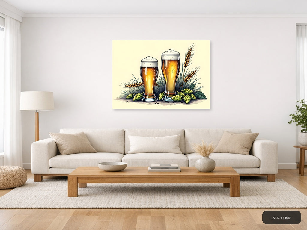 Beer Glasses with Hops and Wheat Line Art Wall Art — A2 / Living Room