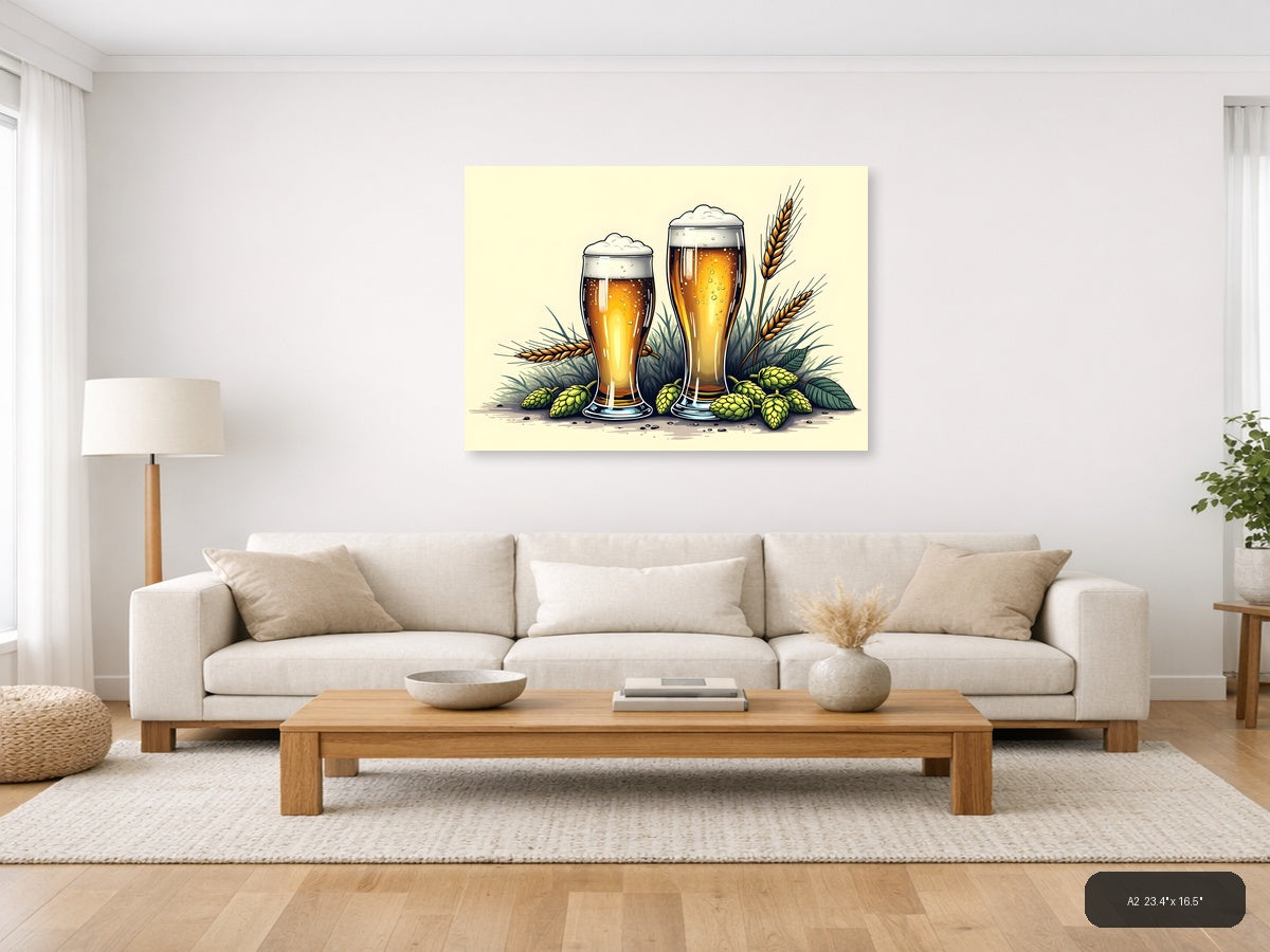 Beer Glasses with Hops and Wheat Line Art Wall Art — A2 / Living Room