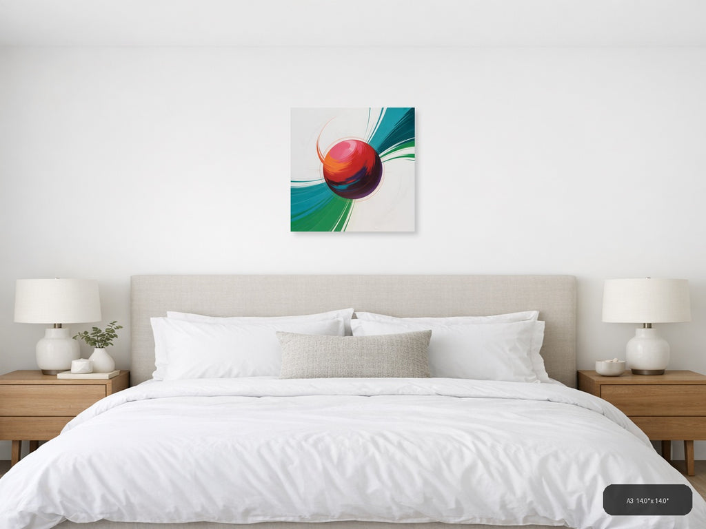 Red Sphere with Teal & Green Wave Abstract Wall Art — A3 / Bedroom