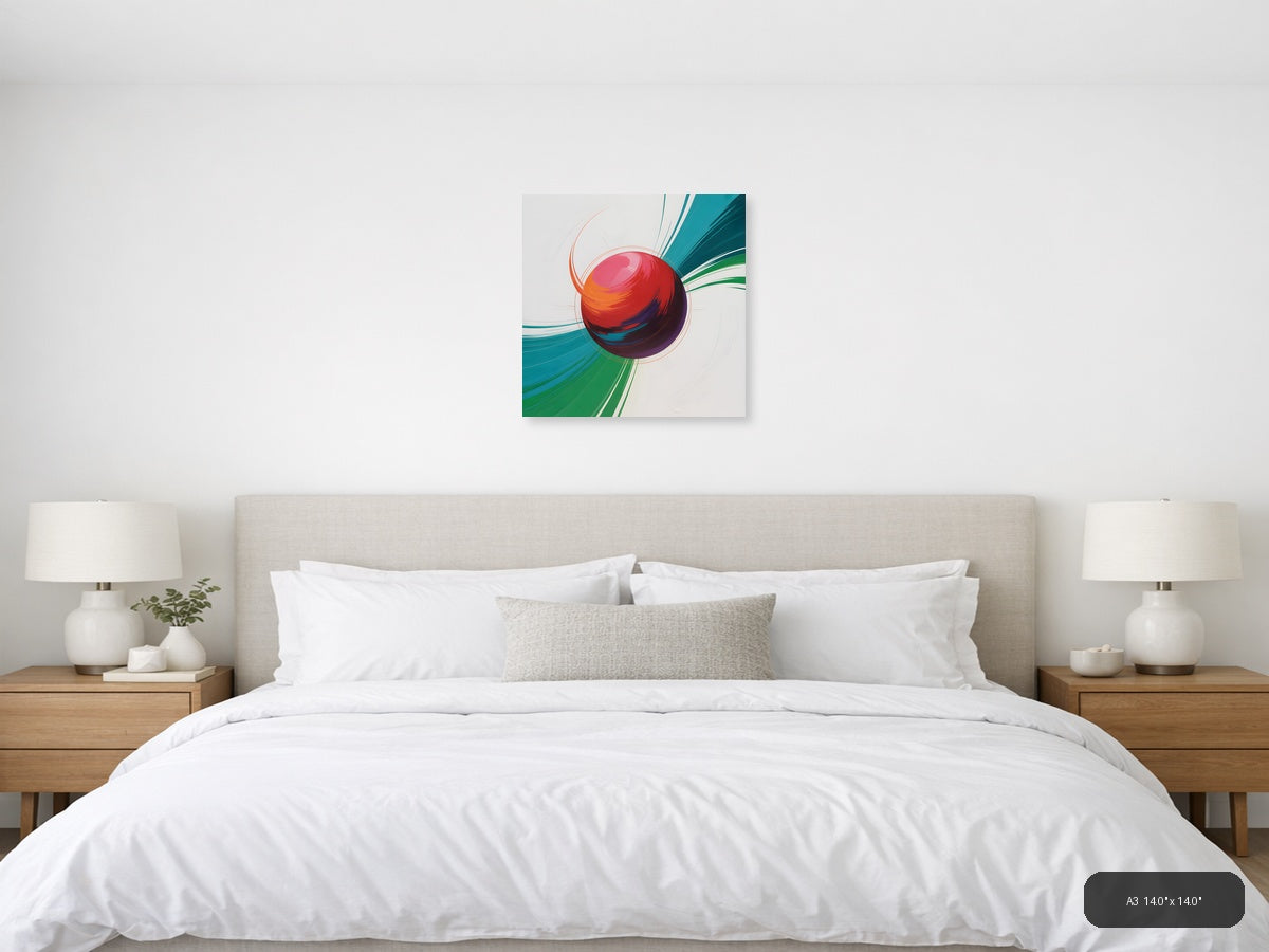 Red Sphere with Teal & Green Wave Abstract Wall Art — A3 / Bedroom