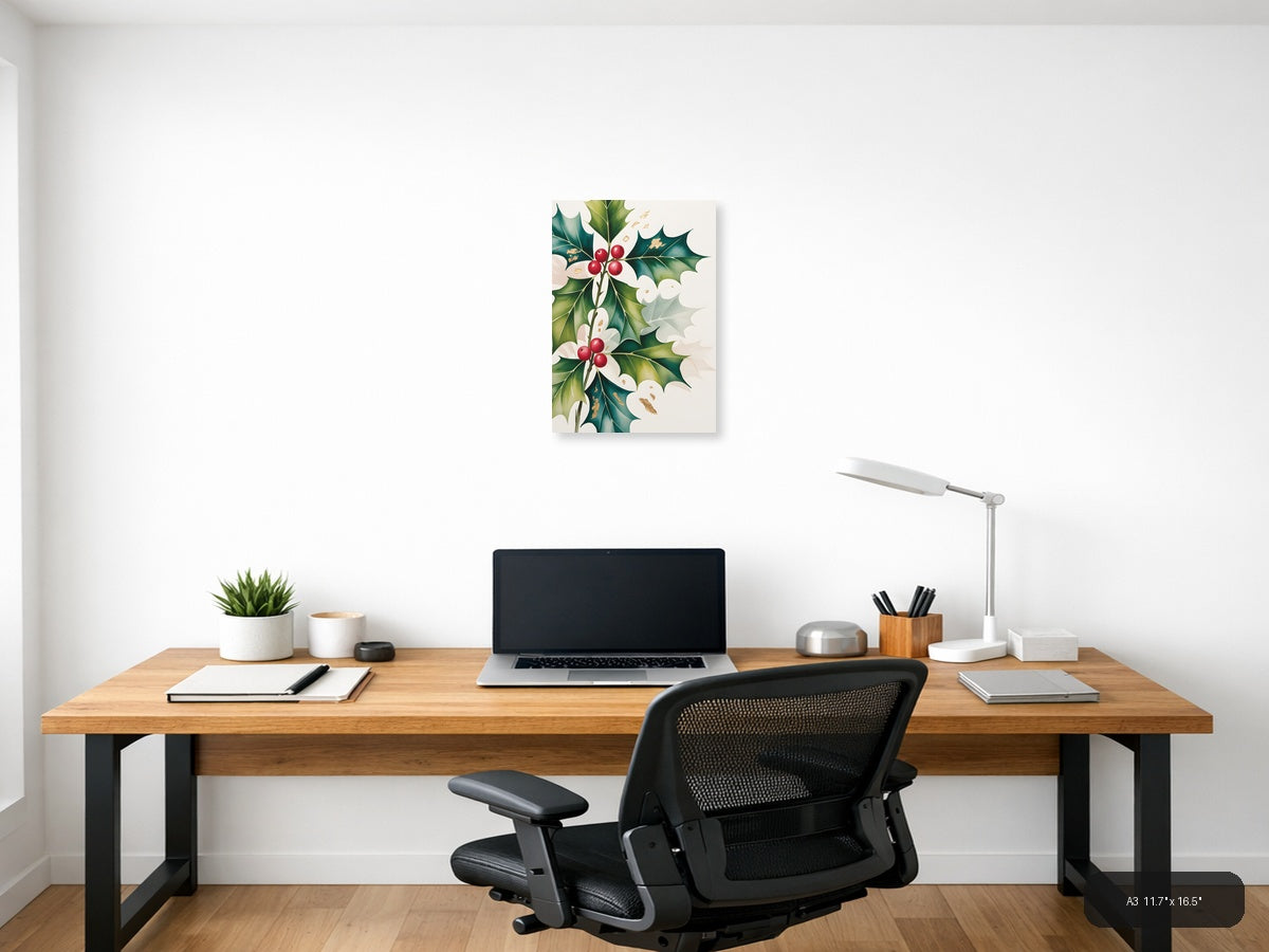 Holly Berries & Flowers Watercolor Portrait Wall Art — A3 / Office