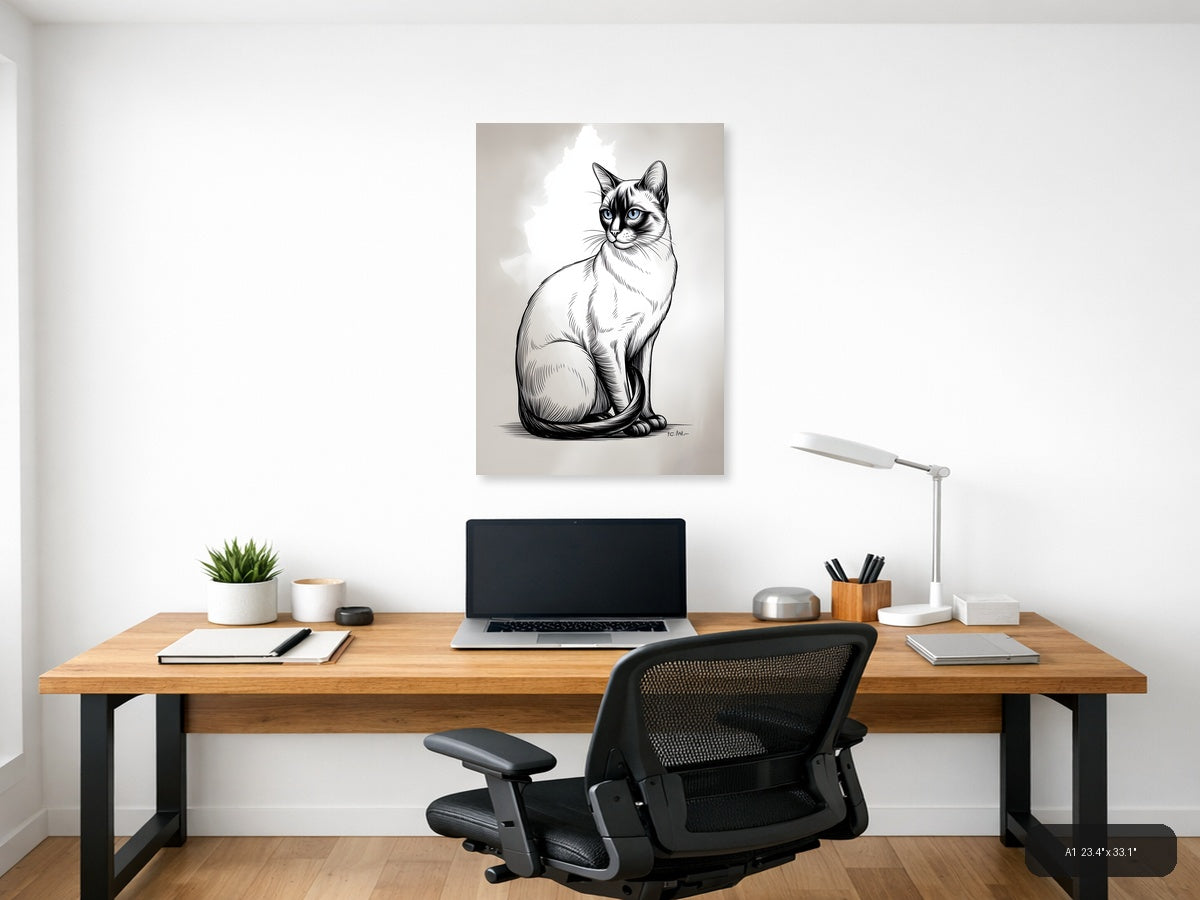 Sitting Cat with Blue Eyes Line Art Wall Art — A1 / Office