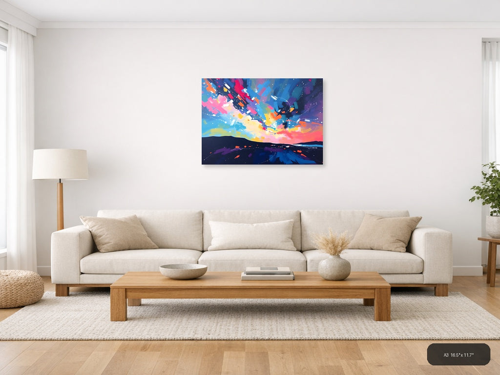Vibrant Abstract Sunset Explosion Landscape Wall Art — A3 / Living Room