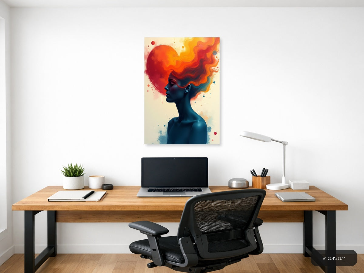 Abstract Silhouette with Flowing Fire Hair Wall Art — A1 / Office