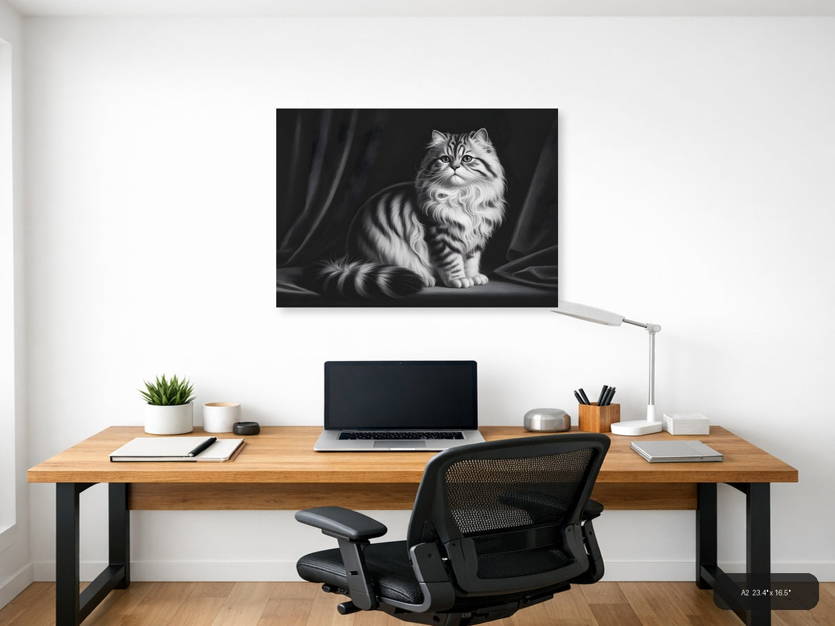 Fluffy Tabby Cat Black and White Photography Wall Art — A2 / Office