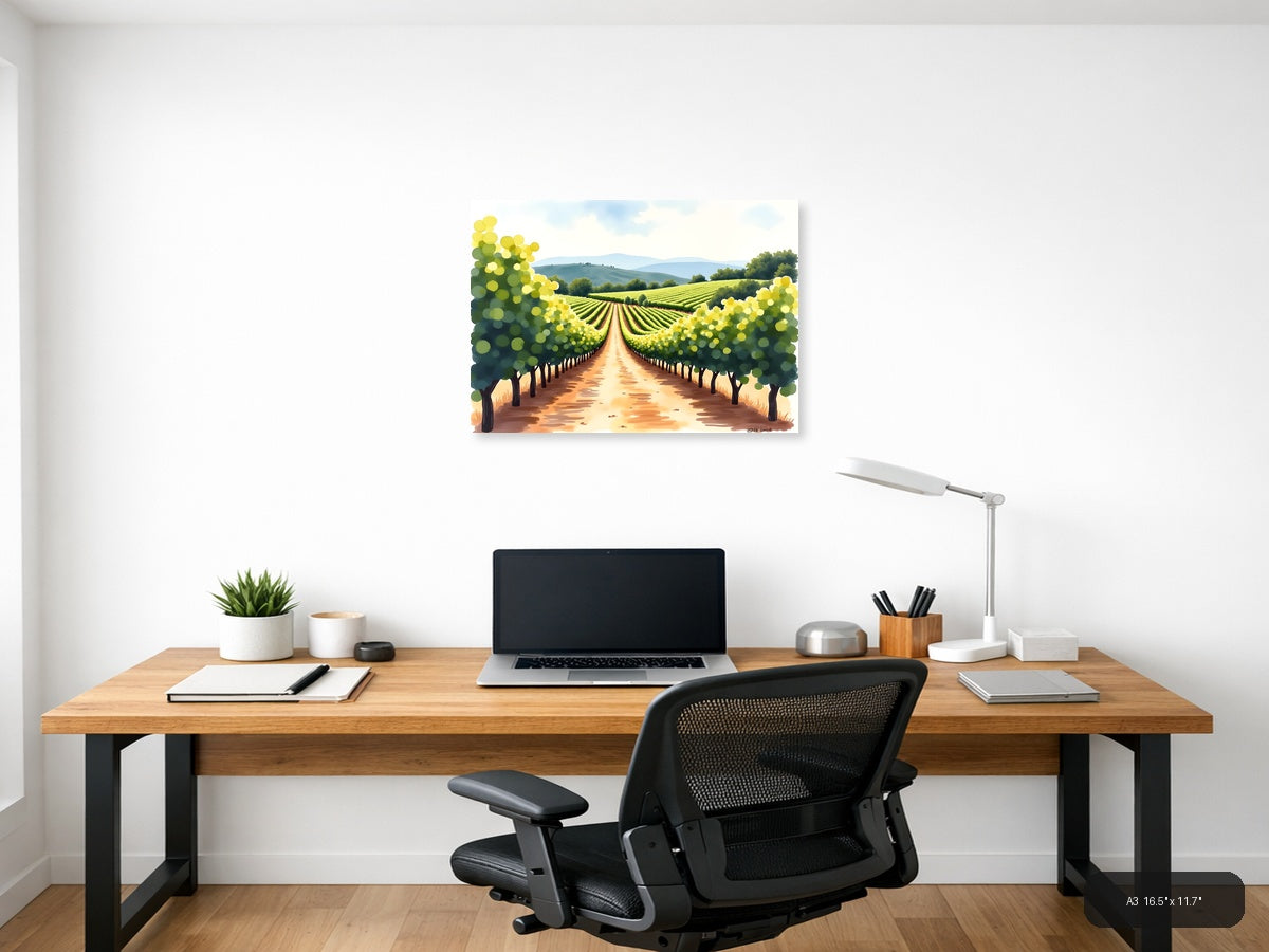 Vineyard Path Watercolor Landscape Wall Art — A3 / Office