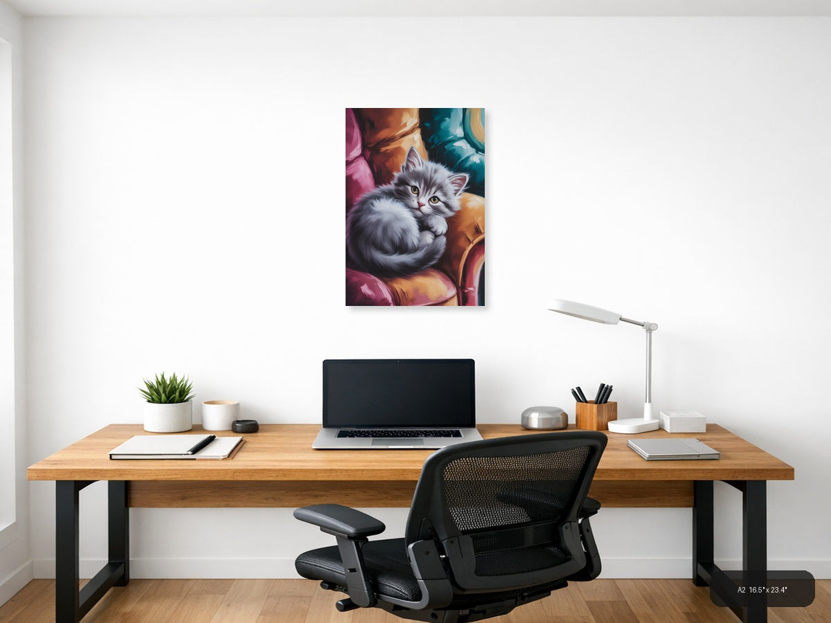 Fluffy White Kitten Abstract Colorful Wall Art — A2 / Office