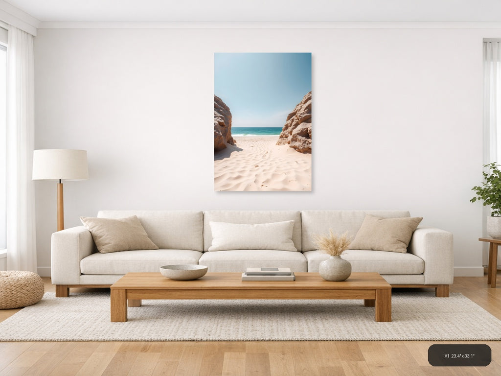 Minimalist Beach Cove Between Rock Formations Wall Art — A1 / Living Room