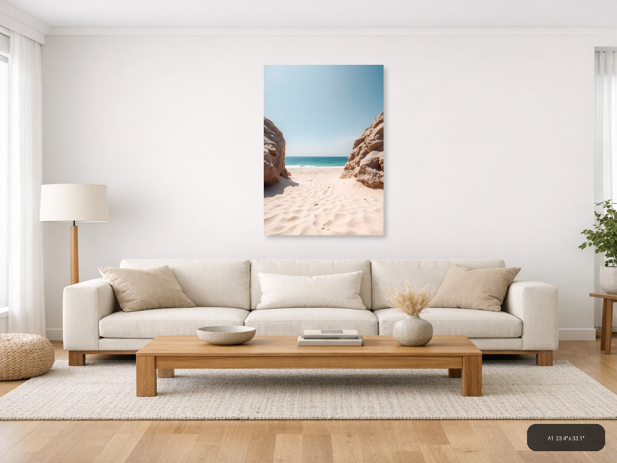 Minimalist Beach Cove Between Rock Formations Wall Art — A1 / Living Room