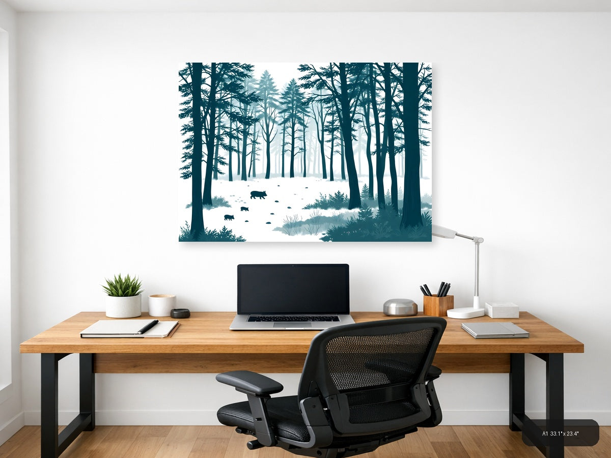 Minimalist Winter Forest with Wild Boars Wall Art — A1 / Office