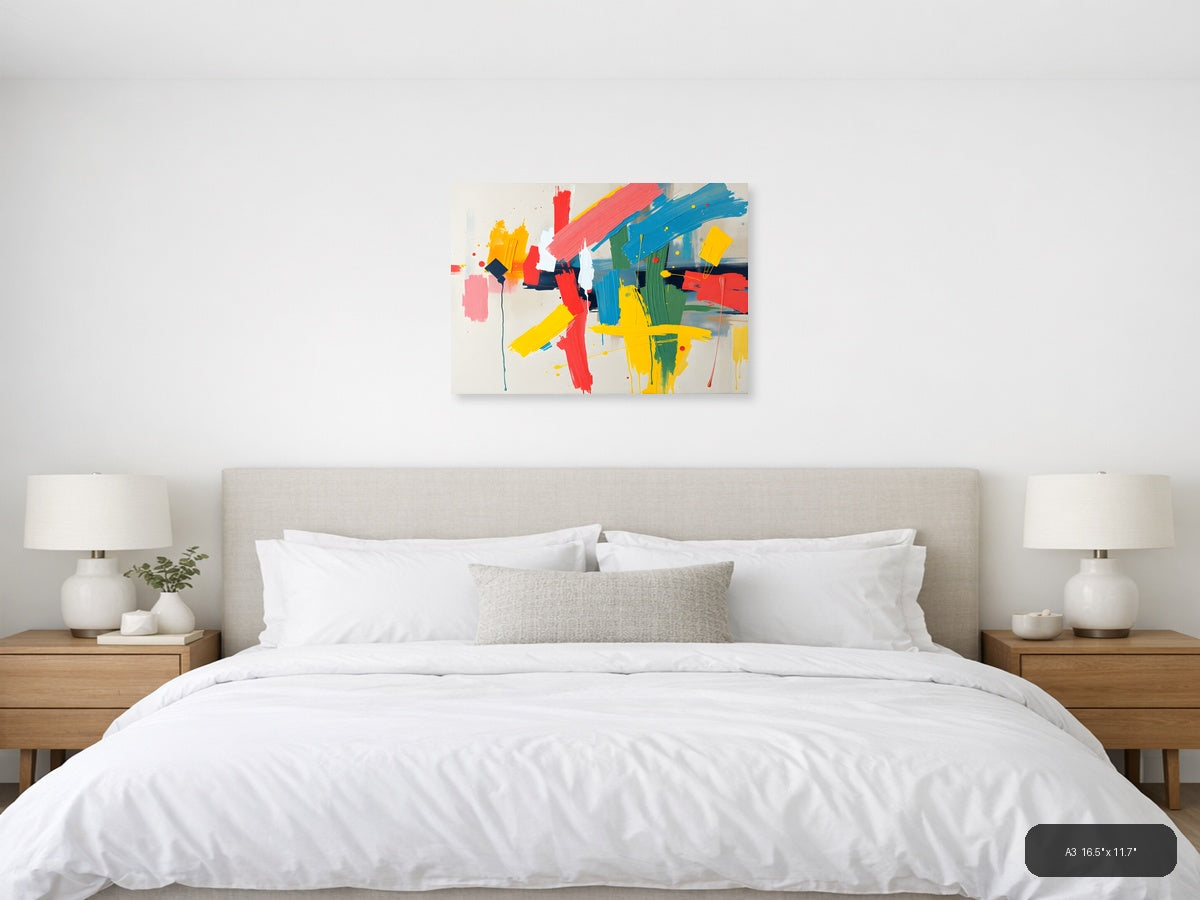 Colorful Abstract Brushstrokes & Geometric Shapes Wall Art — A3 / Bedroom