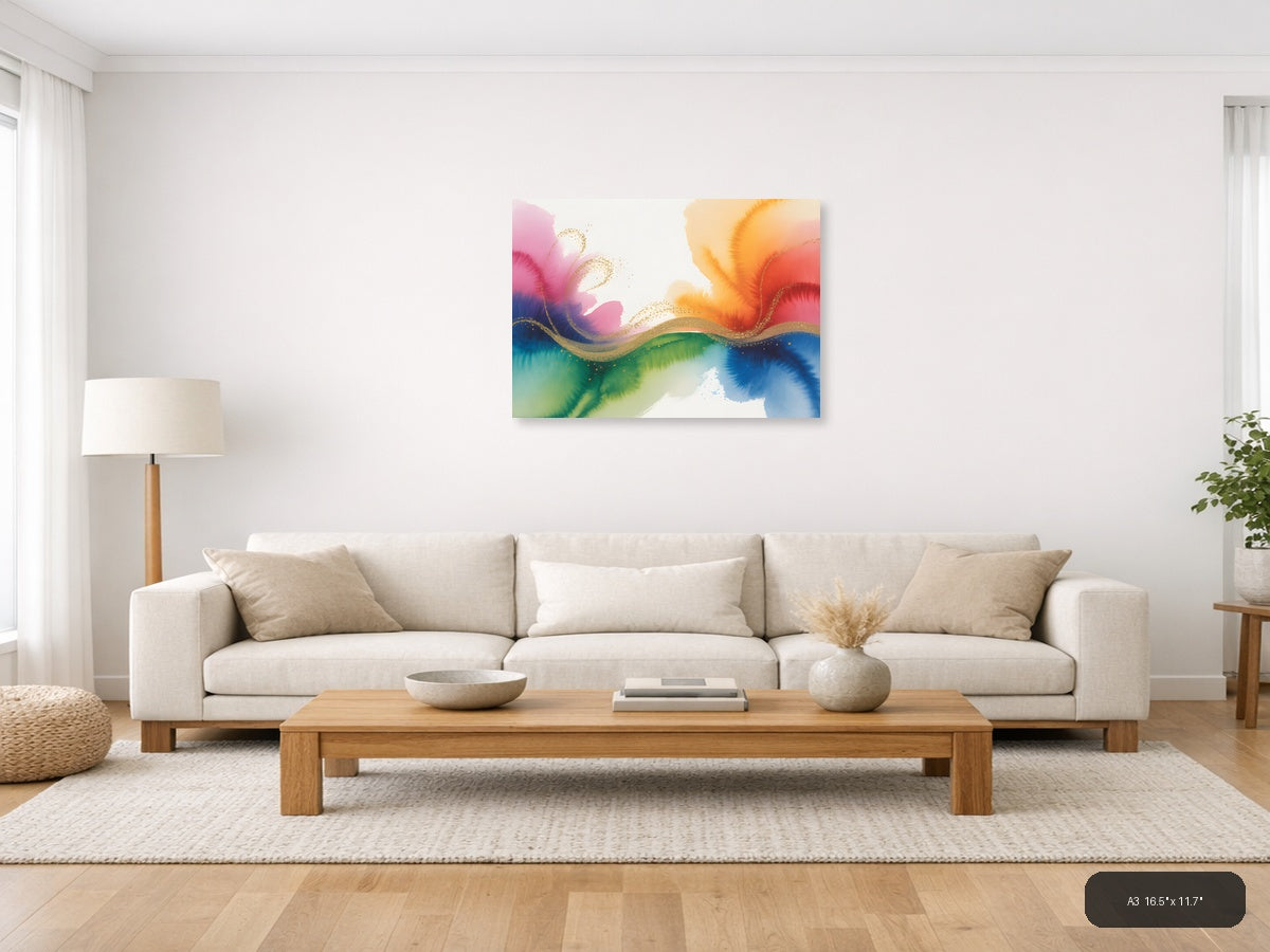 Colorful Watercolor Wave with Gold Accents Wall Art — A3 / Living Room