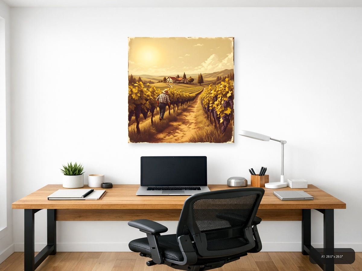 Vintage Vineyard Harvest Farmer Walking Path Wall Art — A1 / Office