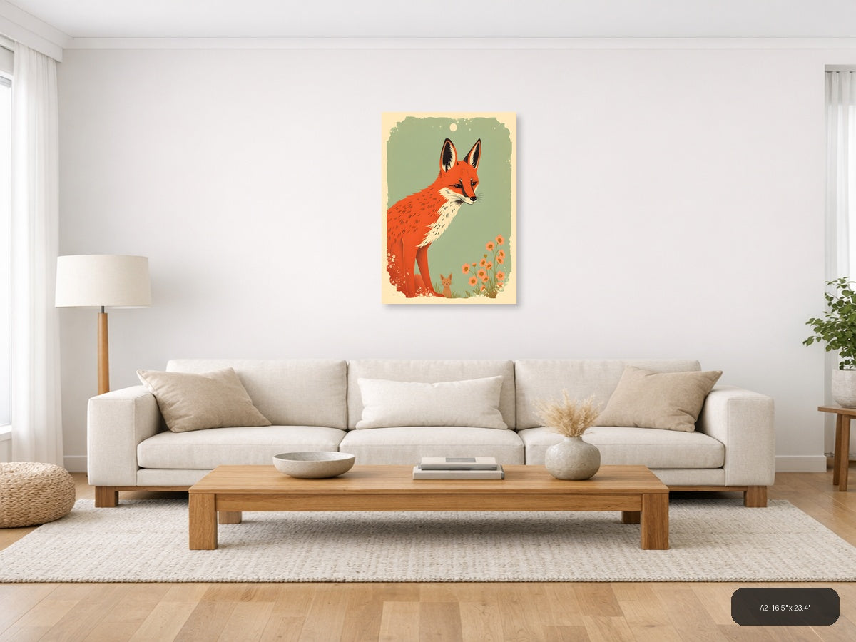 Red Fox and Cat Vintage Botanical Wall Art — A2 / Living Room