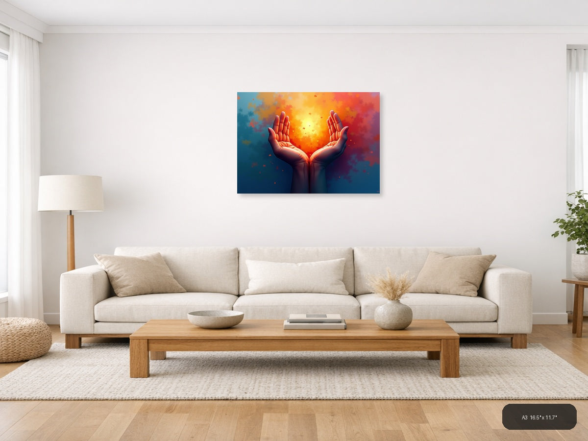 Glowing Hands Abstract Light Burst Modern Wall Art — A3 / Living Room