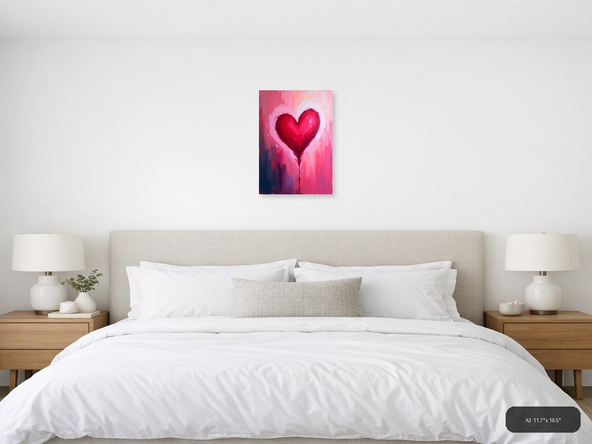 Red Heart Abstract Brushstroke Pink Wall Art — A3 / Bedroom