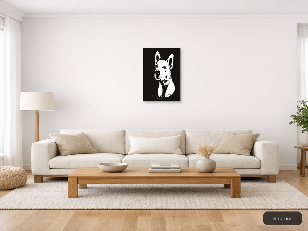 Minimalist Bull Terrier Portrait Black & White Wall Art — A3 / Living Room