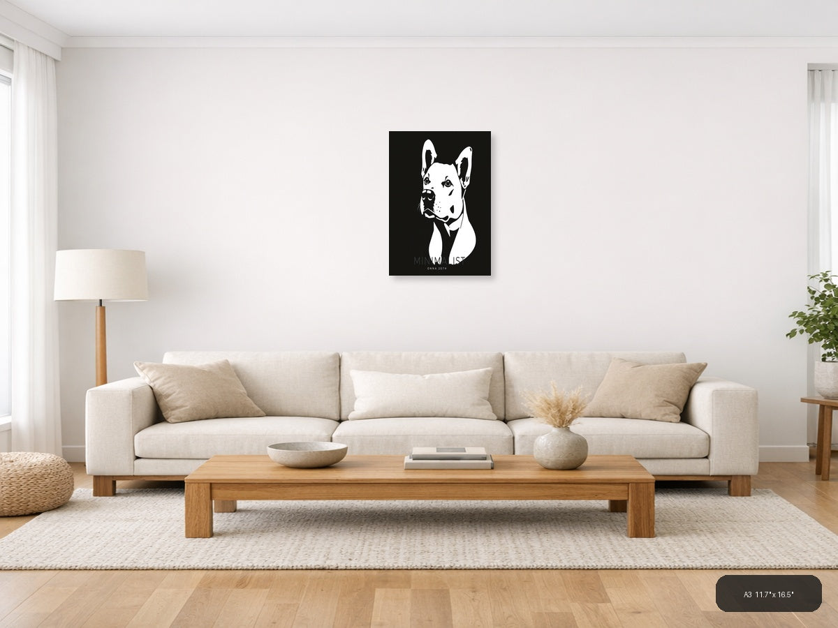 Minimalist Bull Terrier Portrait Black & White Wall Art — A3 / Living Room