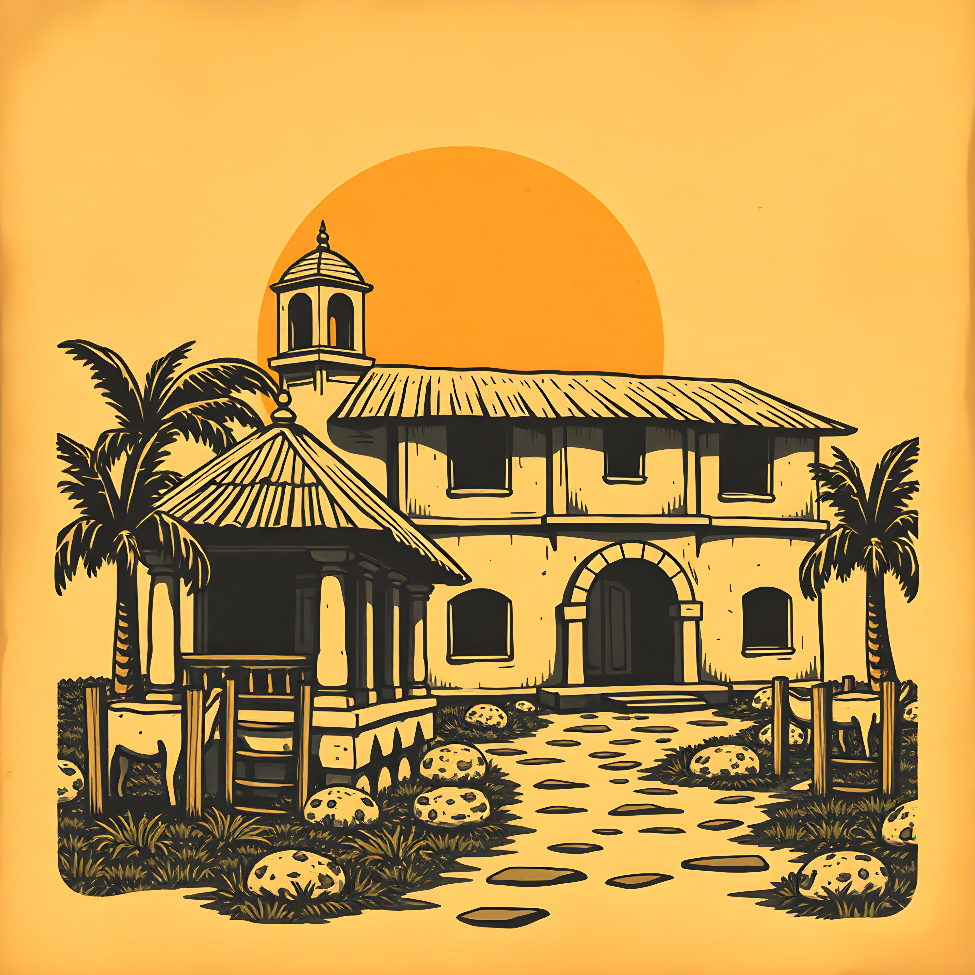 Vintage Desert Mission Church with Palm Trees Wall Art