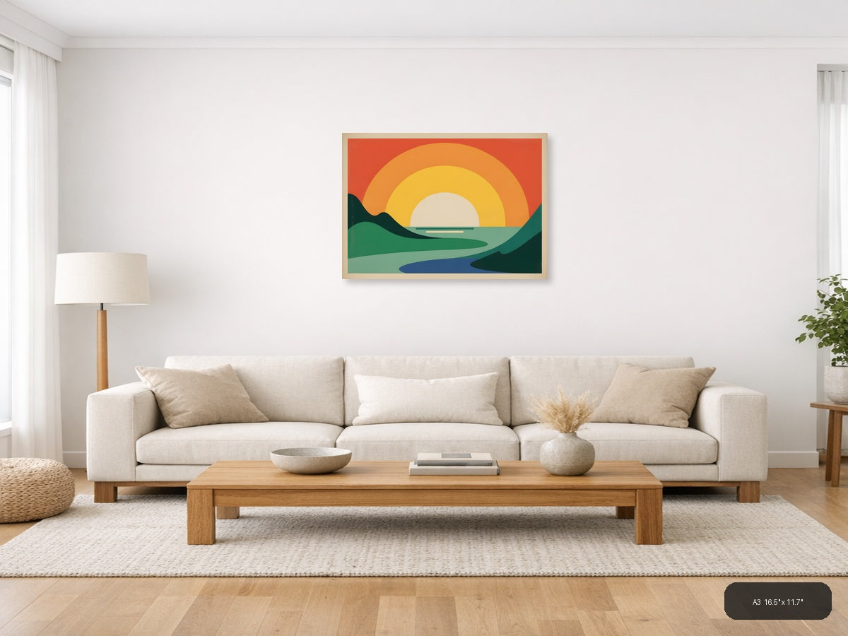 Vintage Sunset Landscape Minimalist Wall Art — A3 / Living Room