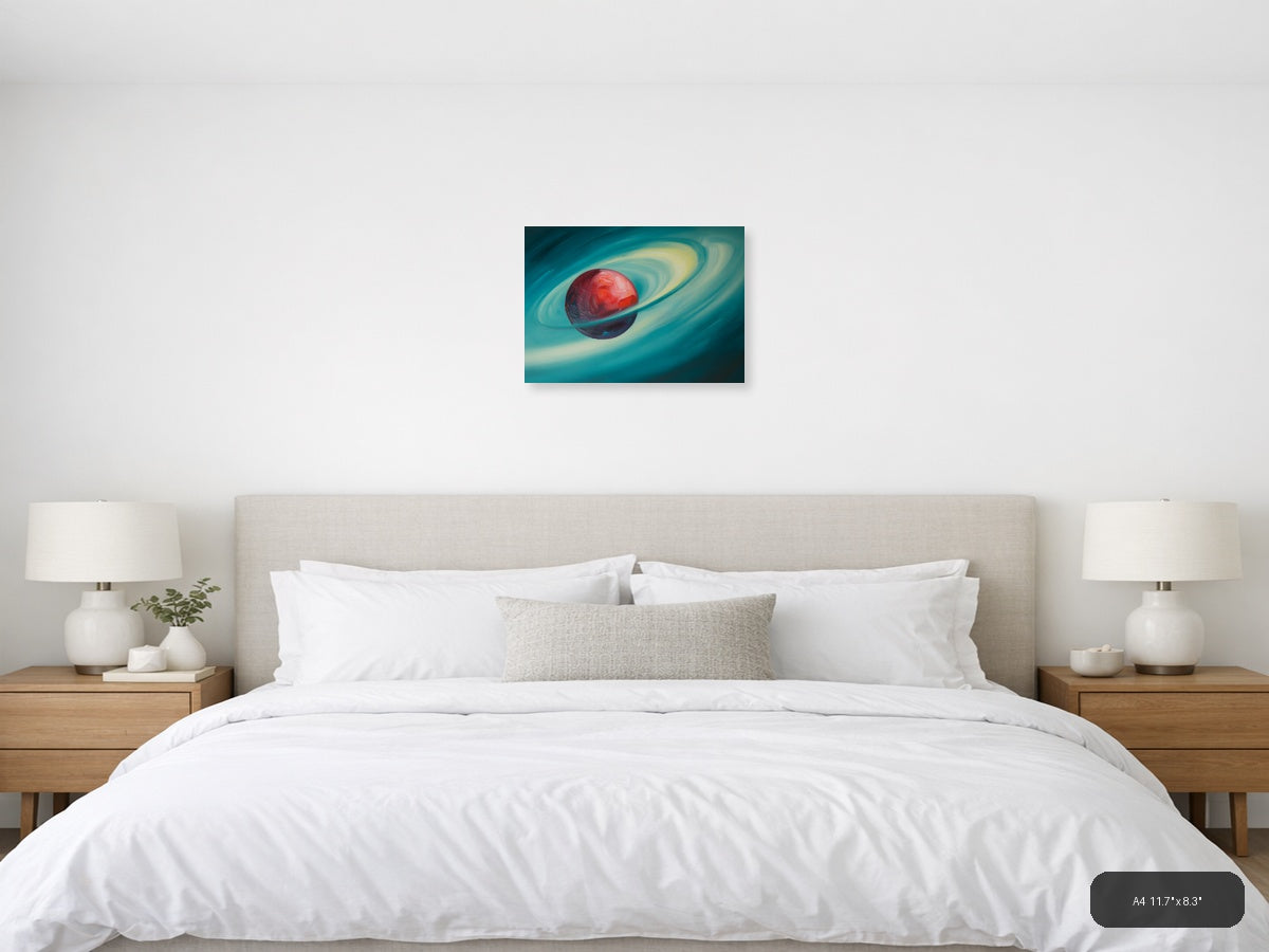 Red Planet with Rings Abstract Landscape Wall Art — A4 / Bedroom