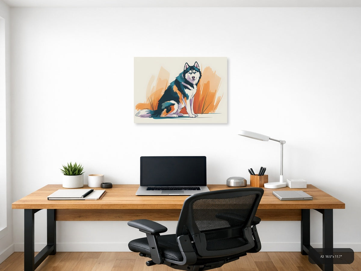 Abstract Husky Dog Portrait with Orange Brush Strokes Wall Art — A3 / Office