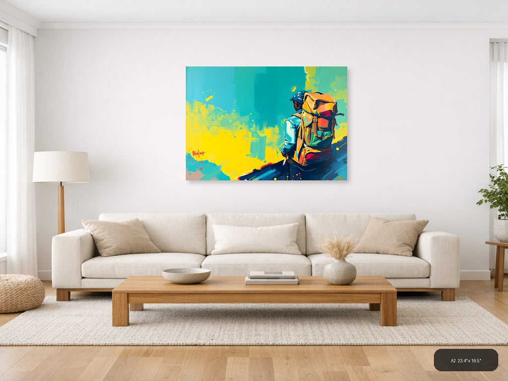 Colorful Adventurer with Backpack Abstract Wall Art — A2 / Living Room