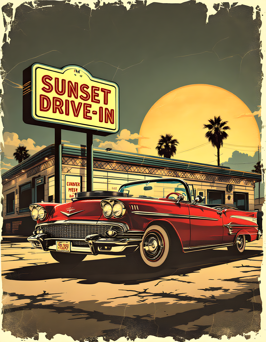 Sunset Drive-In Vintage Red Car Wall Art