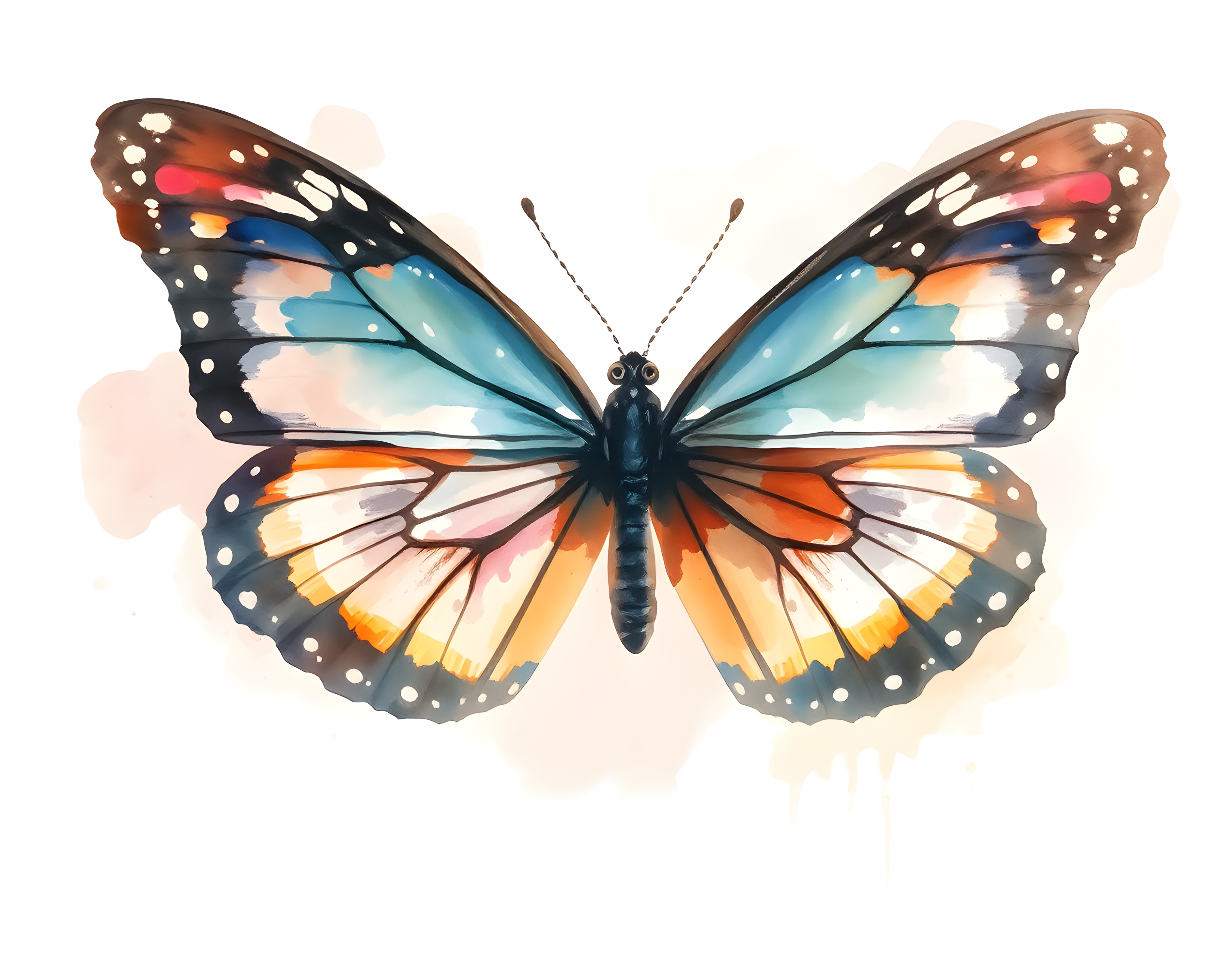 Watercolor Butterfly with Turquoise and Orange Wings Wall Art