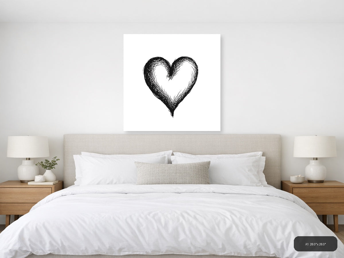 Hand-Drawn Heart Line Art Black & White Wall Art — A1 / Bedroom