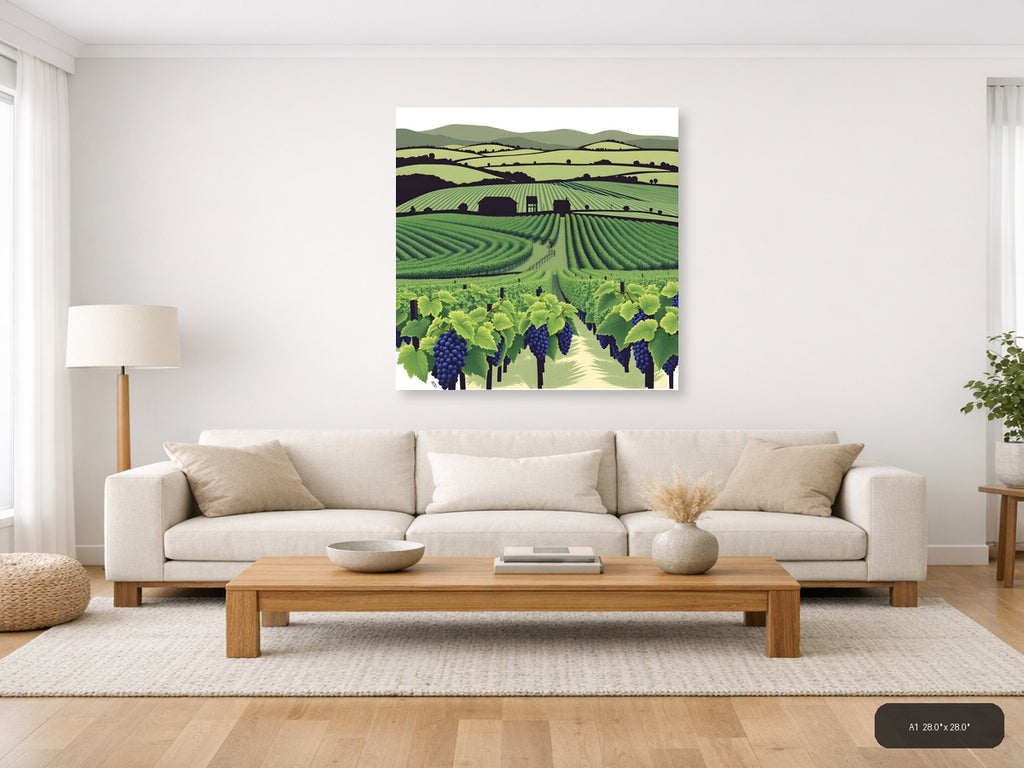 Minimalist Vineyard Landscape with Rolling Hills Wall Art — A1 / Living Room
