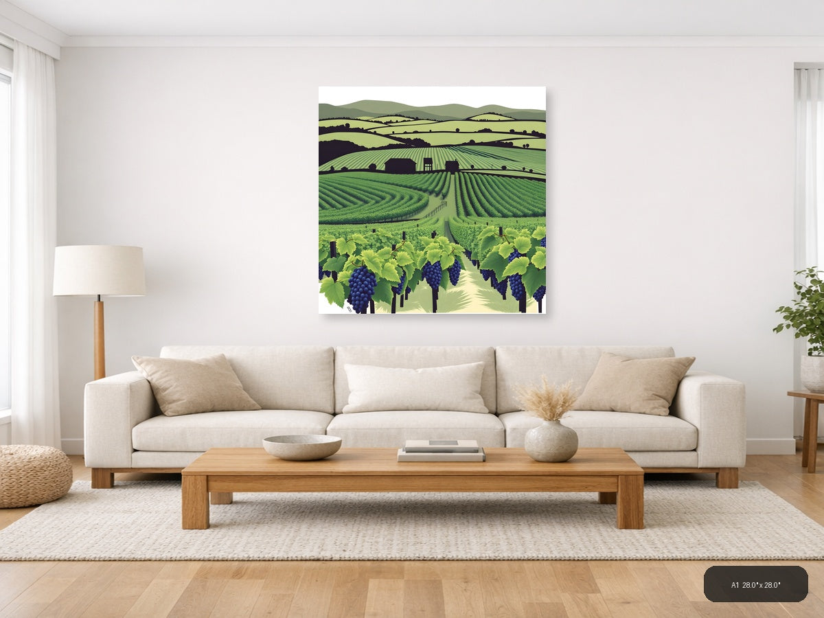 Minimalist Vineyard Landscape with Rolling Hills Wall Art — A1 / Living Room