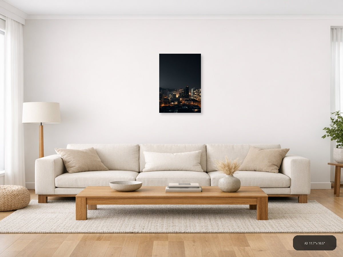 Urban Skyline at Dusk with Golden City Lights | Minimalist Wall Art — A3 (Living Room)