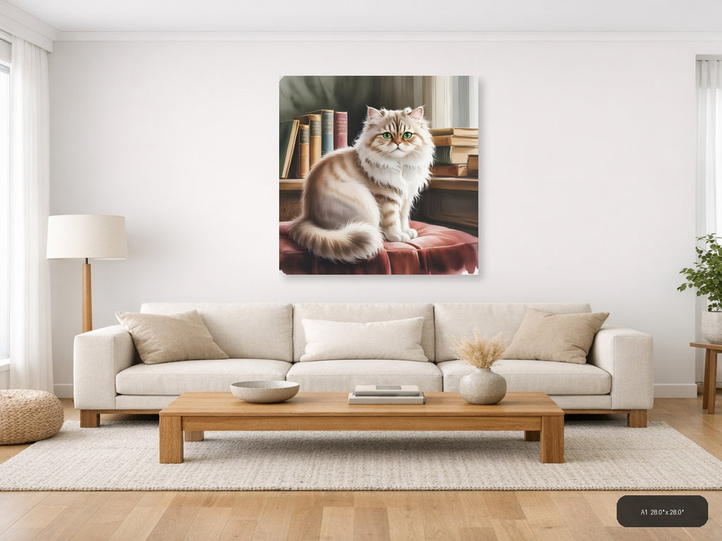 Fluffy White Cat with Green Eyes Watercolor Wall Art — A1 / Living Room
