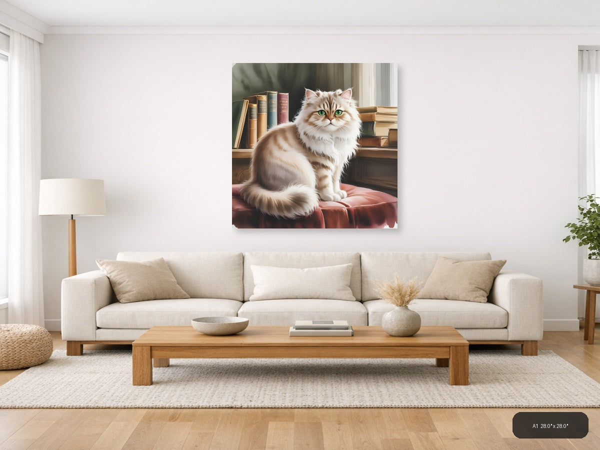 Fluffy White Cat with Green Eyes Watercolor Wall Art — A1 / Living Room