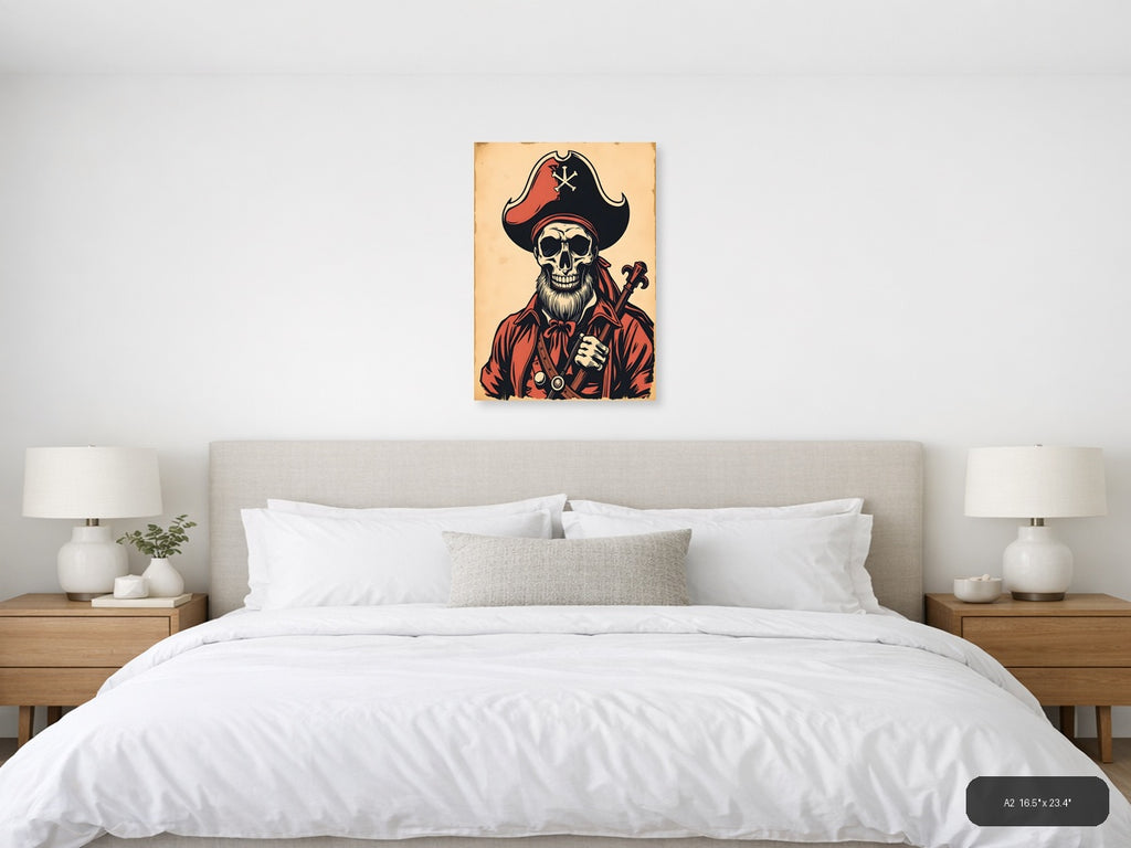 Vintage Pirate Skull Crossbones Red Black Wall Art — A2 / Bedroom