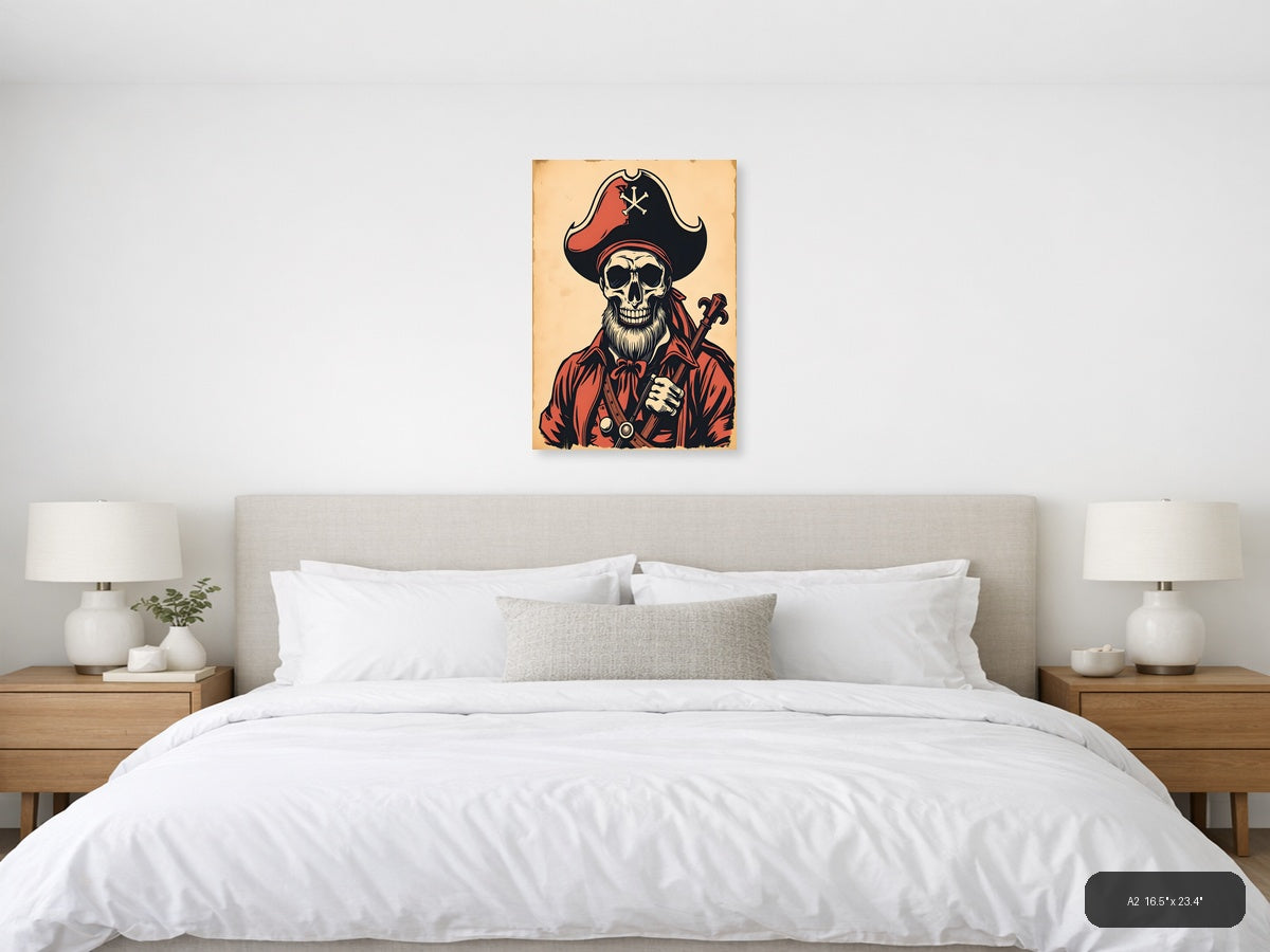 Vintage Pirate Skull Crossbones Red Black Wall Art — A2 / Bedroom