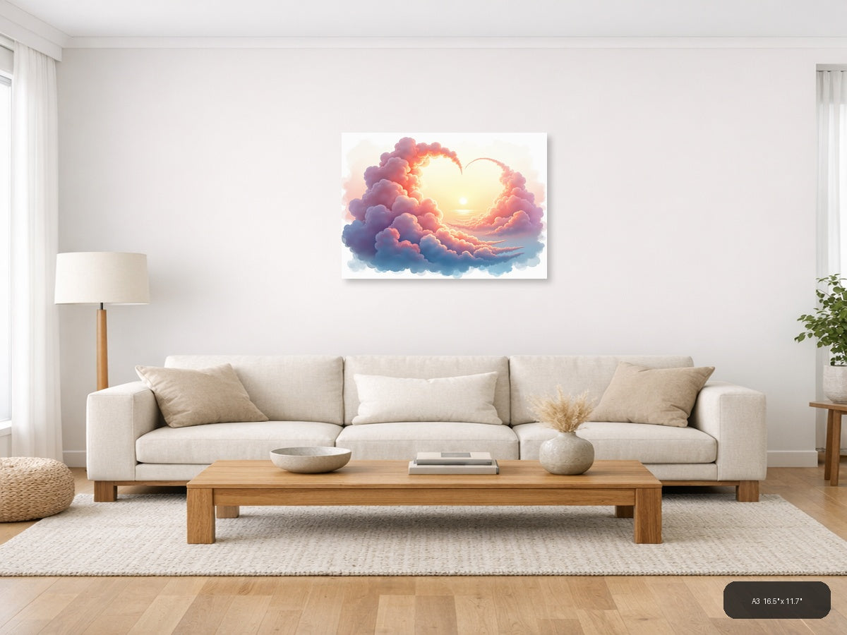 Sunset Heart Clouds Watercolor Landscape Wall Art — A3 / Living Room
