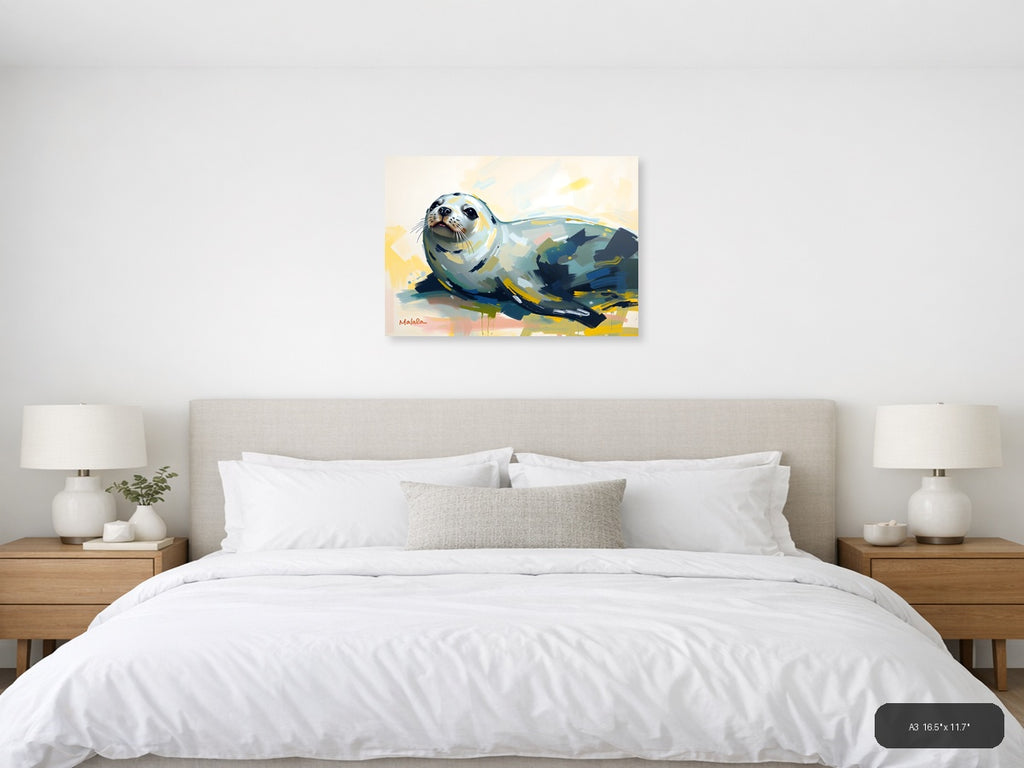 Abstract Seal Portrait with Yellow Accents Wall Art — A3 / Bedroom