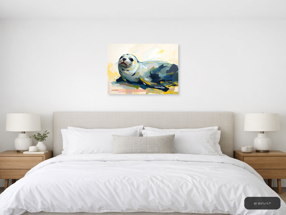 Abstract Seal Portrait with Yellow Accents Wall Art — A3 / Bedroom