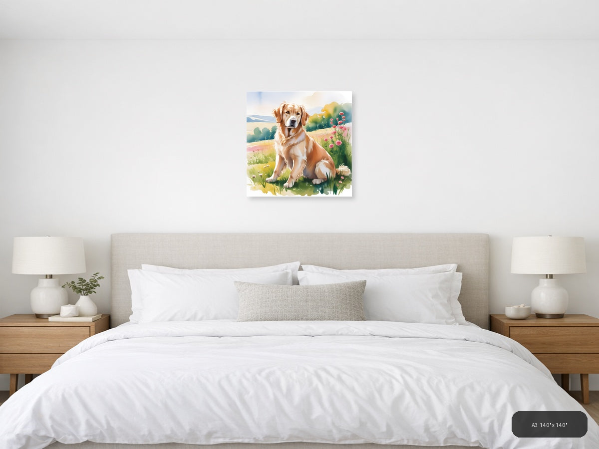 Brown and White Dog in Wildflower Meadow Watercolor Wall Art — A3 / Bedroom