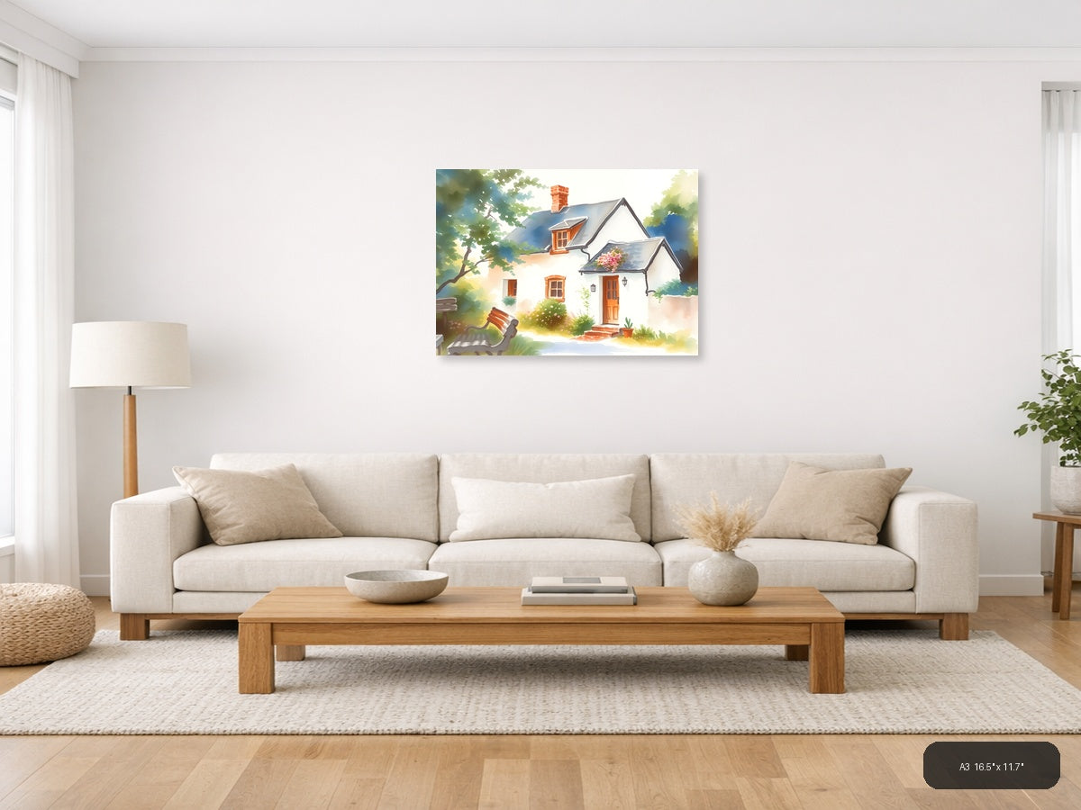 Charming Cottage Watercolor Landscape Wall Art — A3 / Living Room