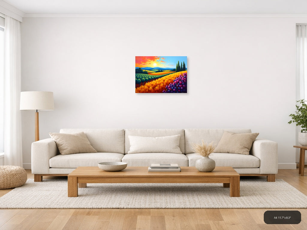 Tuscany Vineyard Sunset Abstract Landscape Wall Art — A4 / Living Room