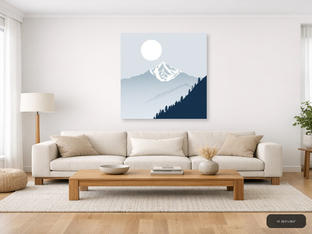 Snow-Capped Mountain Moon Night Sky | Minimalist Landscape Wall Art — A1 (Living Room)