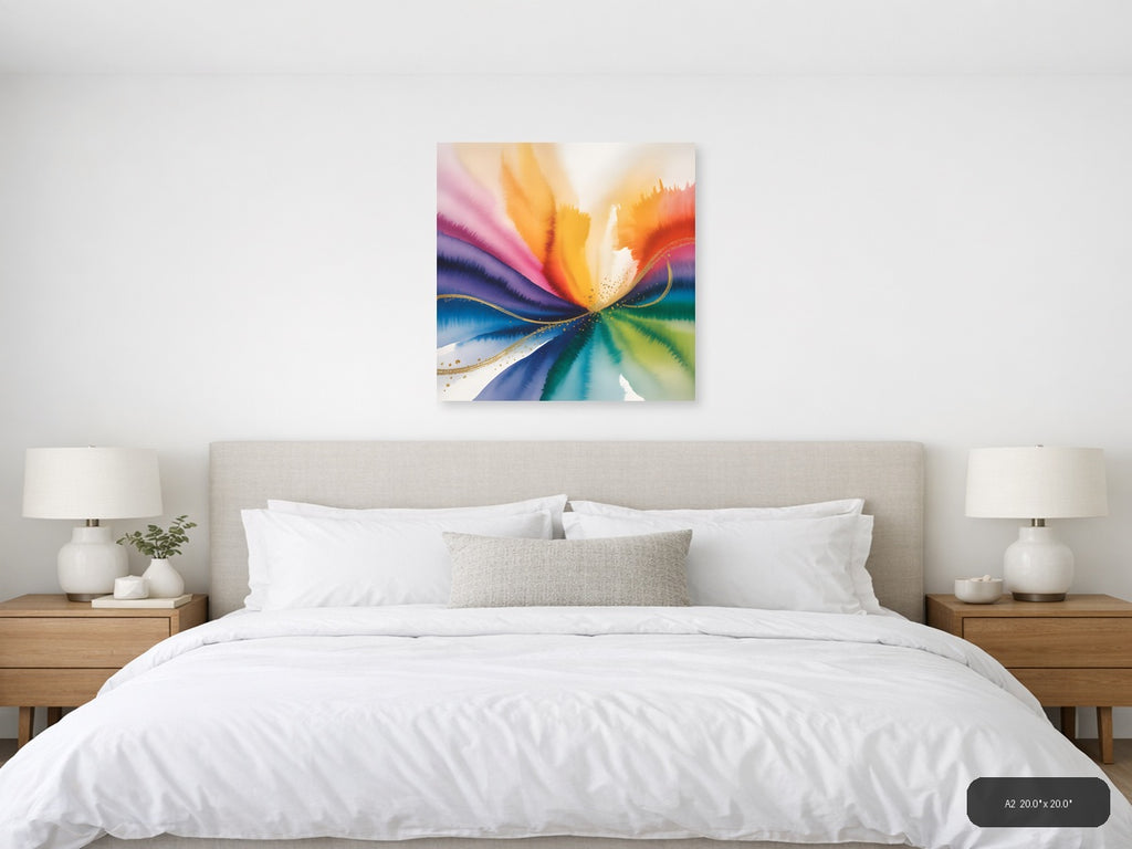 Rainbow Watercolor Wave with Gold Accents Wall Art — A2 / Bedroom