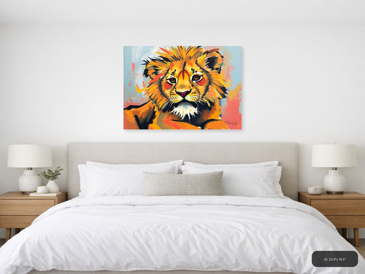 Abstract Lion Portrait - Vibrant Orange Wall Art — A2 / Bedroom