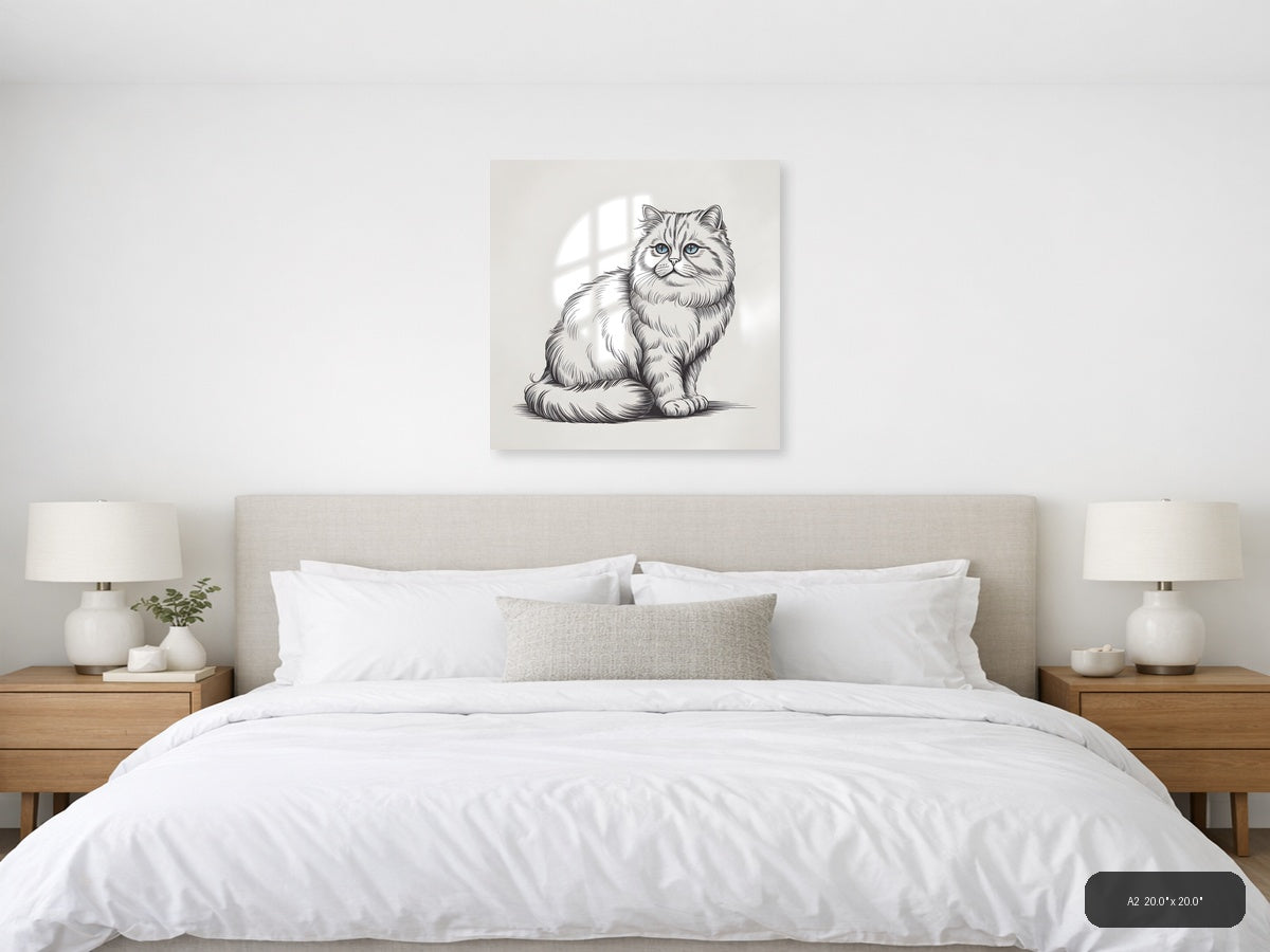 Fluffy Cat with Blue Eyes Line Art Wall Art — A2 / Bedroom
