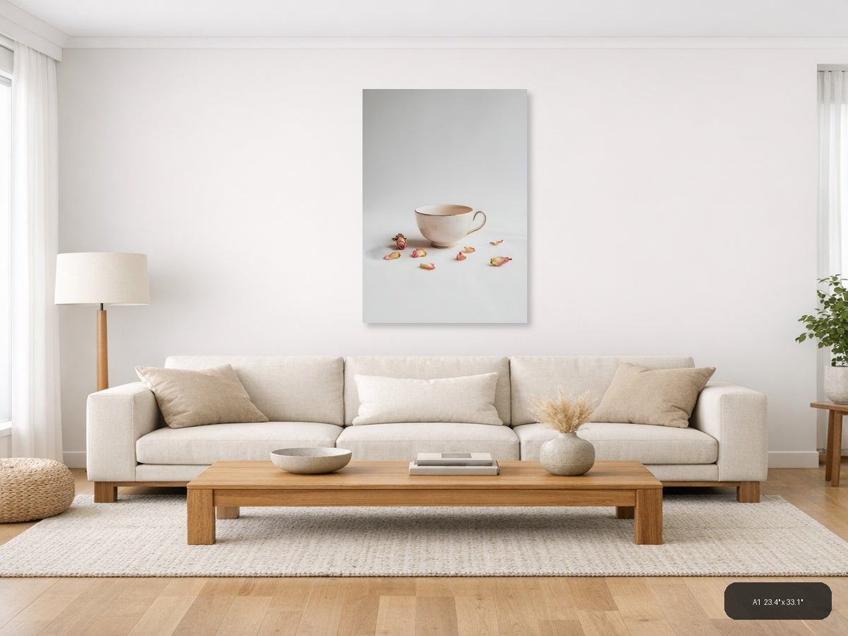 Minimalist Teacup and Rose Petals Wall Art — A1 / Living Room