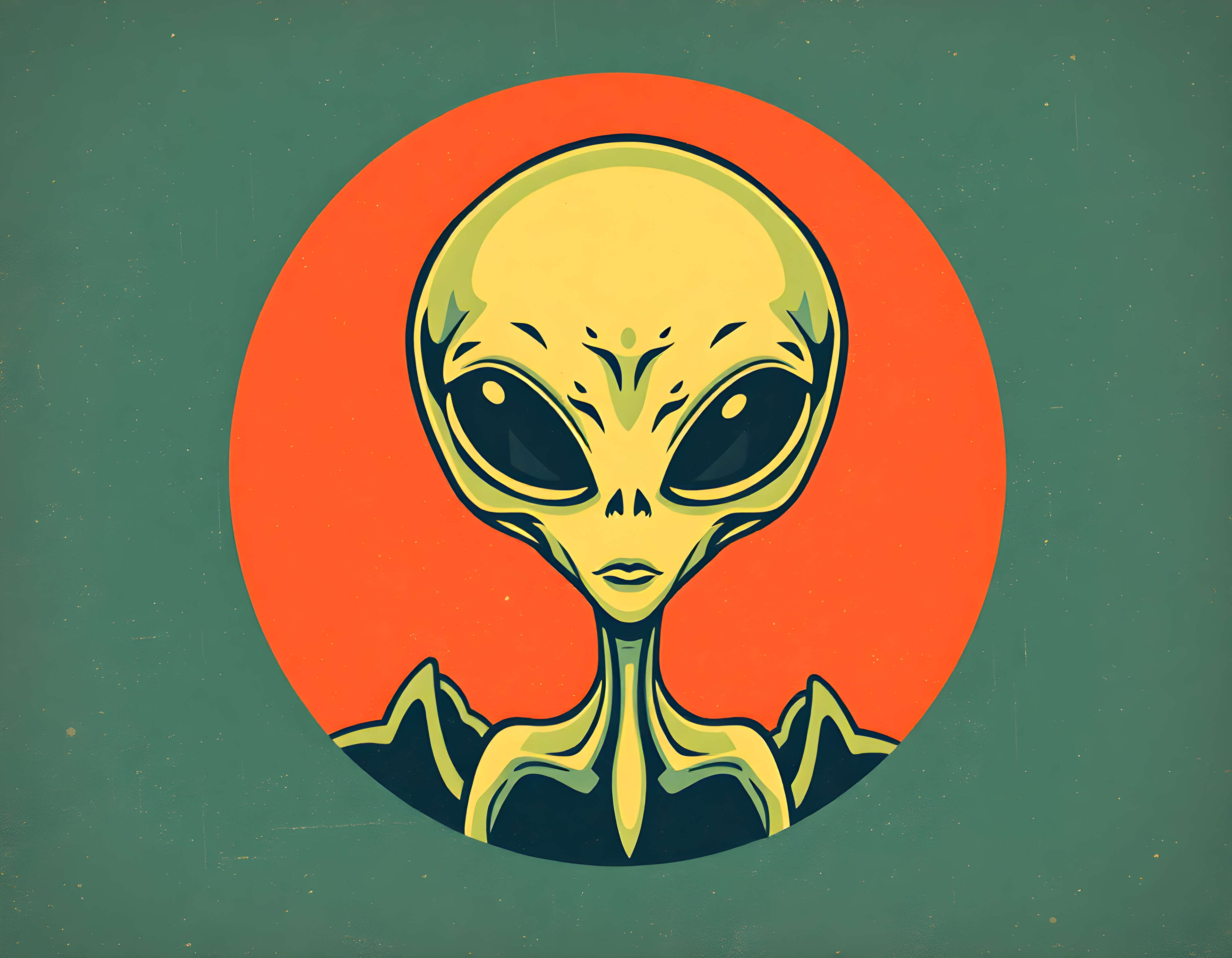 Vintage Alien Head Yellow & Orange Retro Wall Art