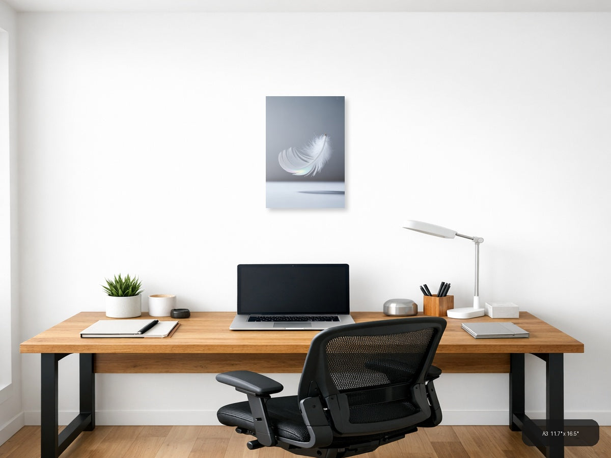 White Feather with Iridescent Glow Minimalist Wall Art — A3 / Office